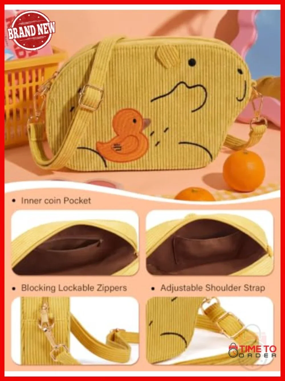 Embroidered Animal Crossbody Bag Corduroy Shoulder Purse Travel Sling